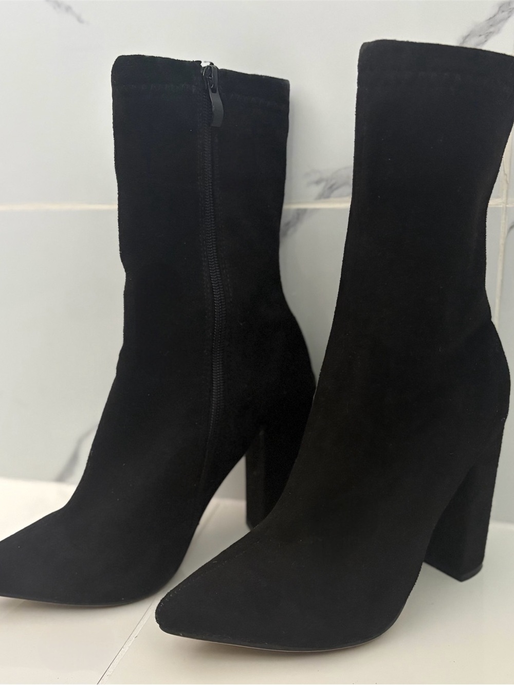 Classic Black Suede Mid-Calf Block Heel Boots